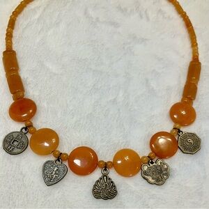 Orange Jade Beaded Necklace with Charms